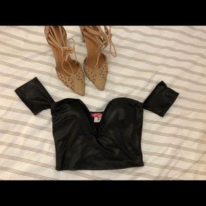 Black leather cropped off the shoulder top